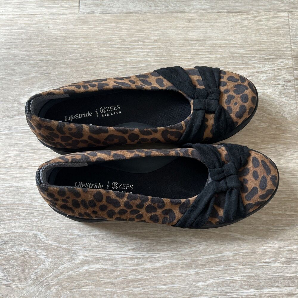 LifeStride Bzees Air Step Brown/Black Animal Print Slip-On Flats Bow US 10 M